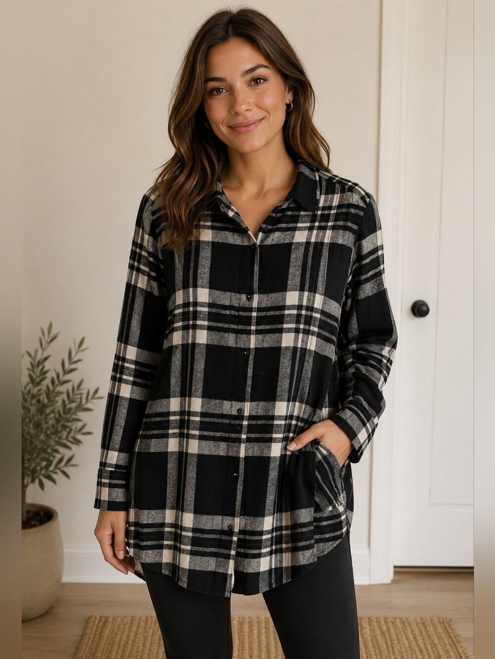 Simply Noelle Black and Cream Plaid Button-Front Tunic